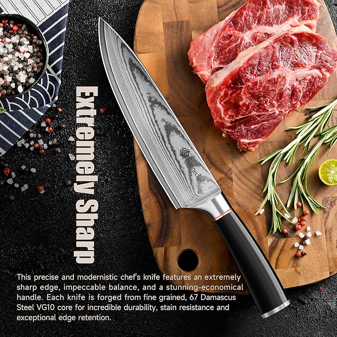 Sunnecko Chef Knife,Japanese VG10 Core Steel Damascus Knife,Professional Razor Sharp Kitchen Knives with Knives Sharpner