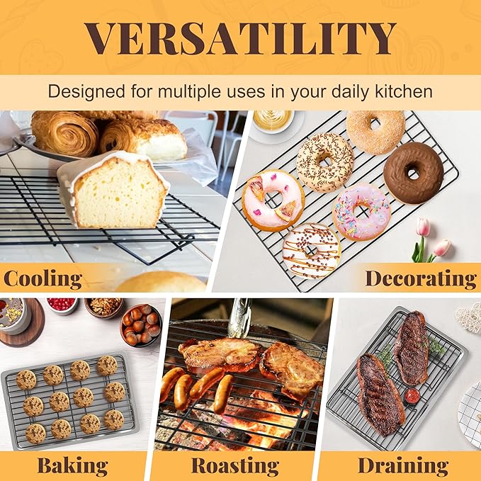 Cooling Racks for Cooking and Baking - 3 Tier Stackable Grid Wire Baking Rack for Oven Cooking, Baking, Grilling, Roasting - Dishwasher Safe Bacon Rack - Black
