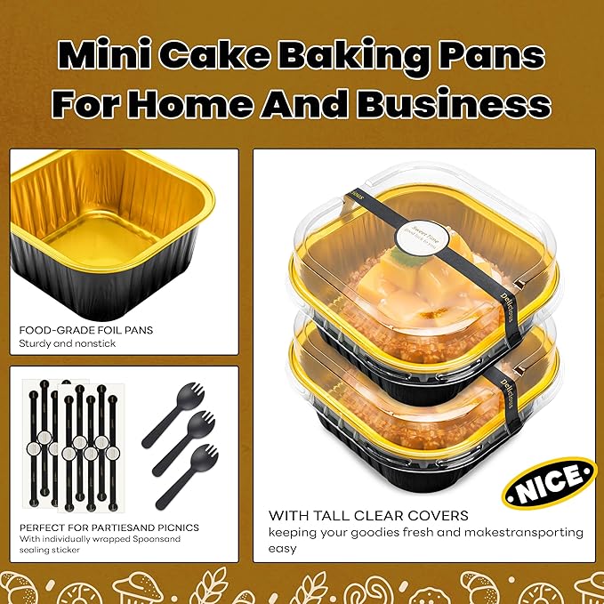 50 Pcs Mini Square Baking Cups with Lids and Spoons Aluminum Foil Mini Cake Pans with Lids Disposable Ramekins Cake Pans Dessert Cups for Wedding Birthday Party(Black Gold,10oz)