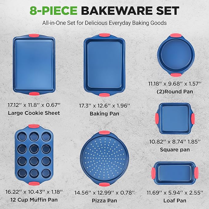 NutriChef 8-Piece Bakeware Set - Nonstick Carbon Steel Baking Pans with Red Silicone Handles, Blue Coating, Durable & Stain-Resistant, Perfect for Baking Cakes, Muffins, Cookies (Blue)