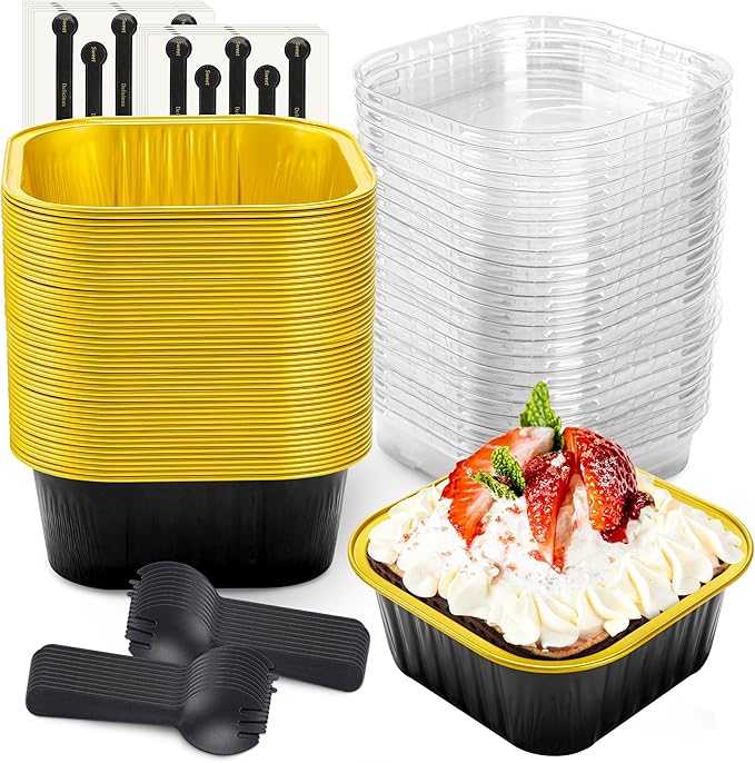 50 Pcs Mini Square Baking Cups with Lids and Spoons Aluminum Foil Mini Cake Pans with Lids Disposable Ramekins Cake Pans Dessert Cups for Wedding Birthday Party(Black Gold,10oz)