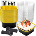 50 Pcs Mini Square Baking Cups with Lids and Spoons Aluminum Foil Mini Cake Pans with Lids Disposable Ramekins Cake Pans Dessert Cups for Wedding Birthday Party(Black Gold,10oz)
