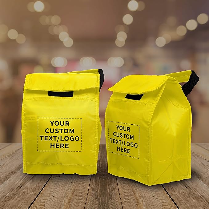 DISCOUNT PROMOS 10 Hook and Loop Insulated Lunch Bags Set - Customizable Text, Logo - Polyester, Durable, Vibrant, Reusable - Yellow