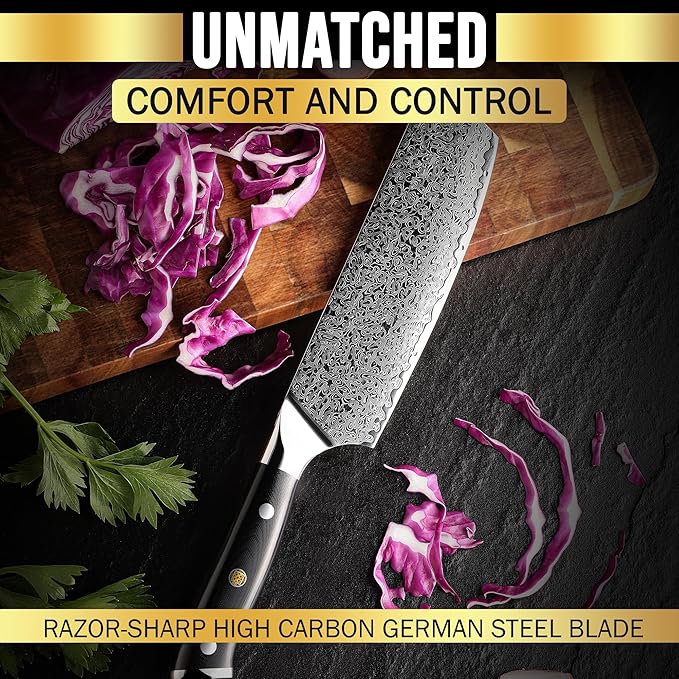SliceElite Elite Series 7 Inch Nakiri Knife Damascus VG10 Core Forged G10 Handle Polymer Guard Japanese Chef Vegetable Chopping Cleaver Kitchen Knife Sharp Cutting Cooking Tomato Butcher Tool