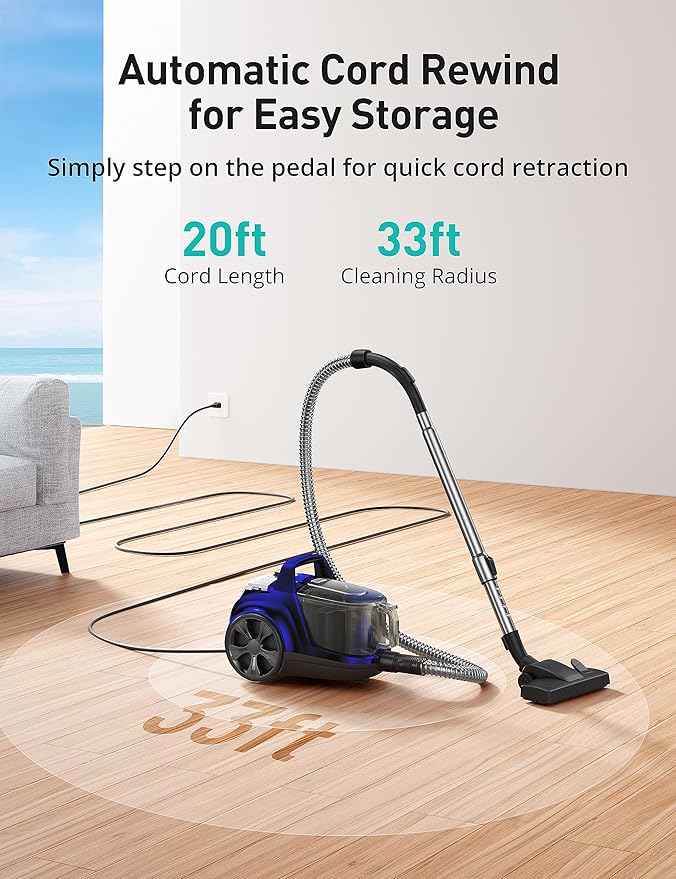 Aspiron Canister Vacuum Cleaner, 30Kpa Bagless Vacuum Cleaners, 3.7QT Large Dust Cup, Double HEPA Filter, Retractable Cord, 1600W Lightweight Vacuum Cleaner with 5 Tools for Hard Floors, Indigo