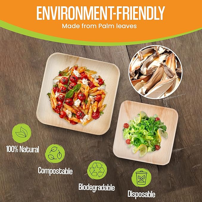 Raj Palm Leaf Plates Bulk [50-Pack] 10" & 7" Square Plates (3 CASES - 150 PACK) like Bamboo plates Disposable, Strong, Decorative Compostable Tableware for weddings, Lunch, Dinners etc