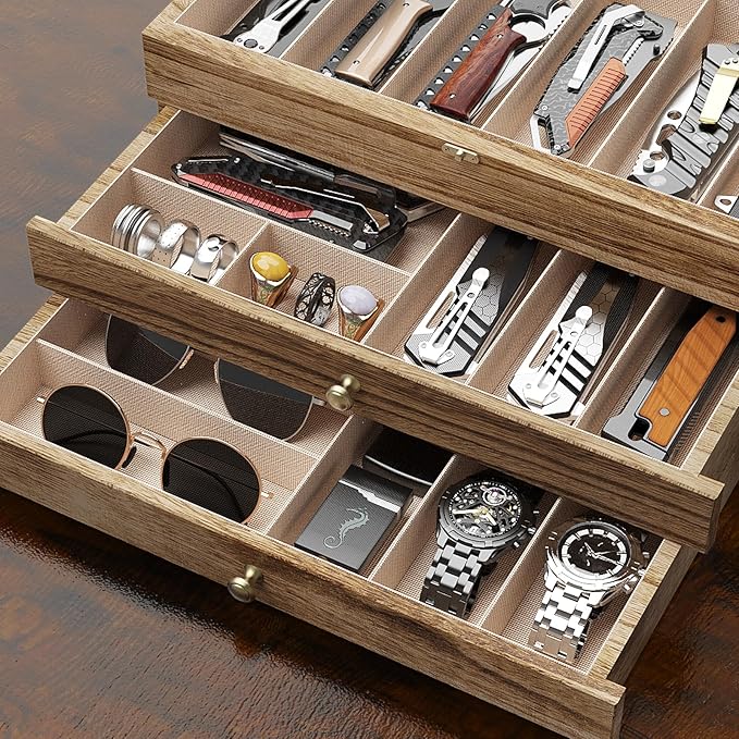 Knife Display Case, 3-Layer Pocket Knife Case Display & Storage Knives, Solid Wood Knife Case for Collections, Gift for Boyfriend Fathers Day Birthday Gifts(Brown)