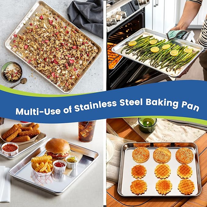 6 Pack Stainless Steel Baking Sheet Pans, 16" L × 12" W × 1" H Cookie Sheets for Toaster Oven, Rust-Resistant, Dishwasher Safe
