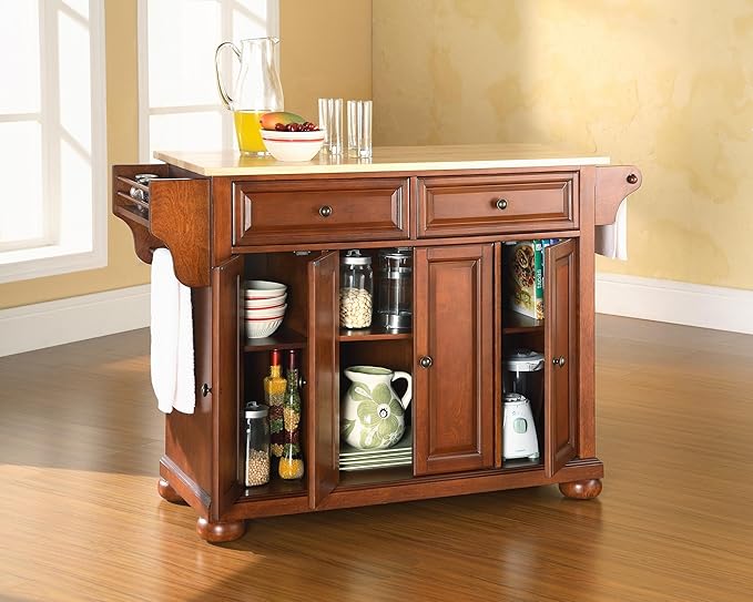Crosley Furniture Alexandria Wood Top Rolling Kitchen Island Storage Cart, Microwave Stand, Spice Rack, Cherry