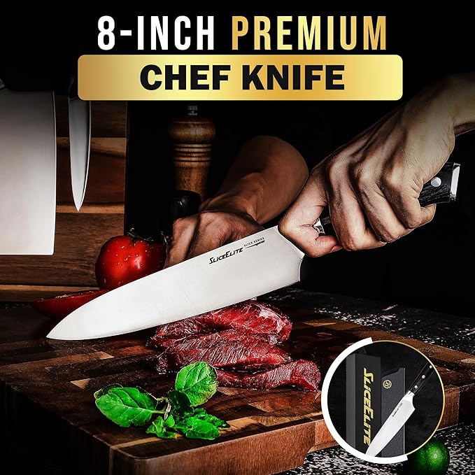 SliceElite Slice Series 8 Inch Chef Knife High Carbon German Steel Blade Pakkawood Handle Dual Sheath Sharp Cooking Knife for Meat Cleaver BBQ Kitchen Knife for Slicing Chopping Cutting Carving Tool