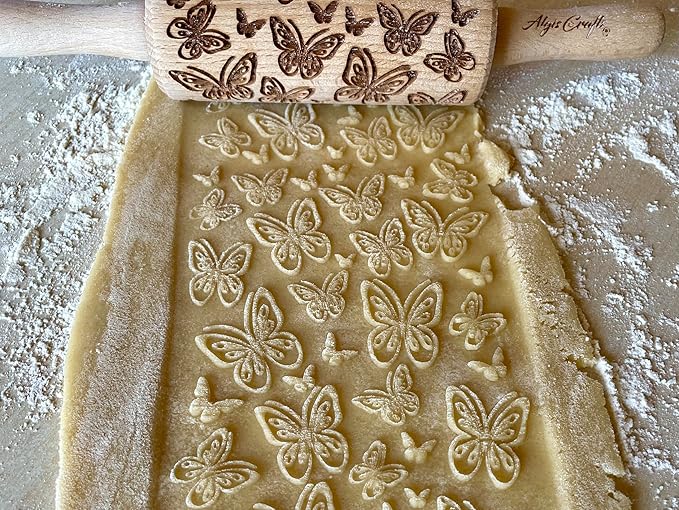 SUMMER 3 KID Rolling Pin SET. Wooden Laser Cut Mini Rolling Pins for cookies, play dough, salt dough or clay Butterfly, Music Flower by Algis Crafts