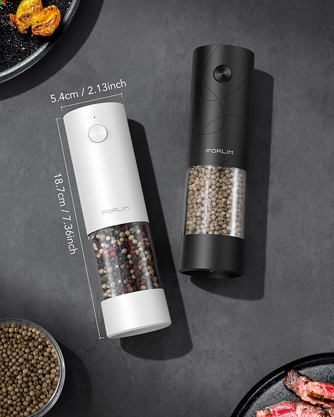 FORLIM Electric Salt and Pepper Grinder Set, USB Rechargeable, Automatic Salt Pepper Mill Grinder with Dust Cover, One-Button Control, Adjustable Coarseness, Warm LED Light (2 Packs, Black&White)