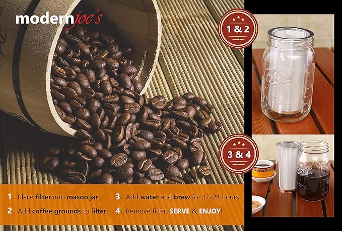 MODERNJOE'S Premium Infuser Cold Brew Coffee Maker for 1 Quart Wide Mouth Mason Jars. Cold Brew Coffee Filter. Perfect for Ice Coffee and Tea. 50 Micron EXTRA Fine Mesh 304 Stainless Steel