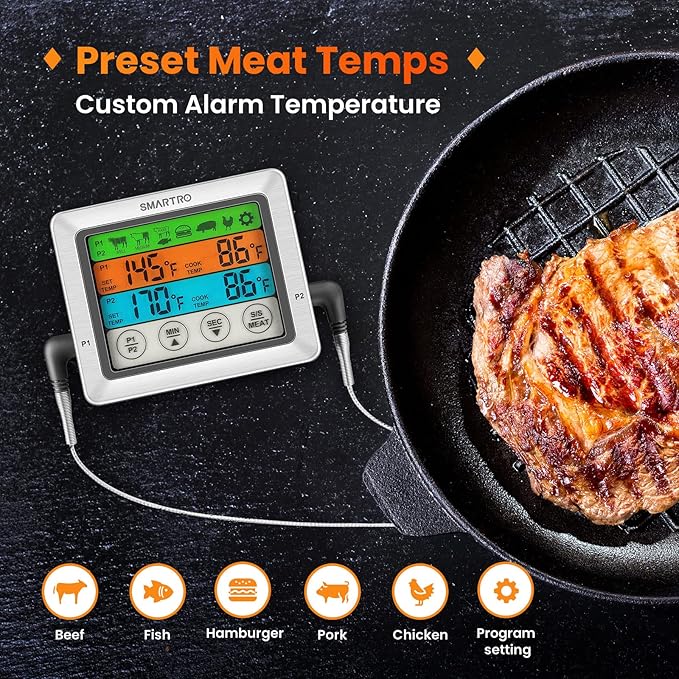 SMARTRO ST54 Dual Probe Digital Meat Thermometer for Cooking Food Kitchen Oven BBQ Grill with Timer Mode and Commercial-Grade Probes