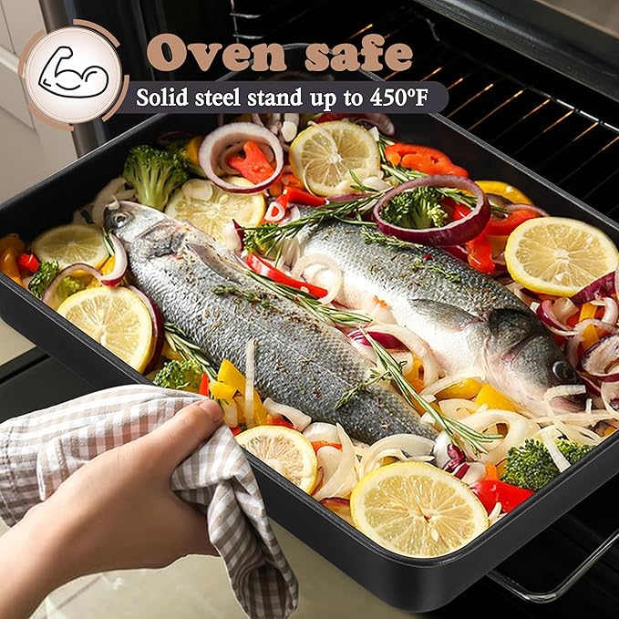 E-far 12.5 x 9.7 Inch Baking Pan with Lid, Nonstick Stainless Steel Rectangle Cake Pan with Cover for Baking Brownies Casseroles Lasagna, Stainless Steel Core & Nonstick Coating, Non-toxic & Oven Safe
