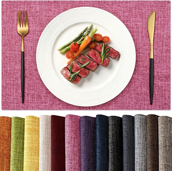 KXN Placemats Set of 6, Dual-Layer Thickened Faux Linen Table Mats, Heat Resistant & Wrinkle-Free, Machine Washable Cloth Place Mats for Kitchen Dining Indoor Outdoor (Pink)
