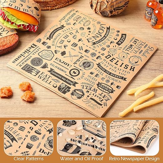 Outus 3600 Pcs 12 x 12 Inch Deli Wax Paper Sheets Grease Resistant Tray Basket Liners Newsprint Paper Water and Grease Proof Sandwich Wrapping Square Hot Dog Wrappers for Food Baking (Brown)
