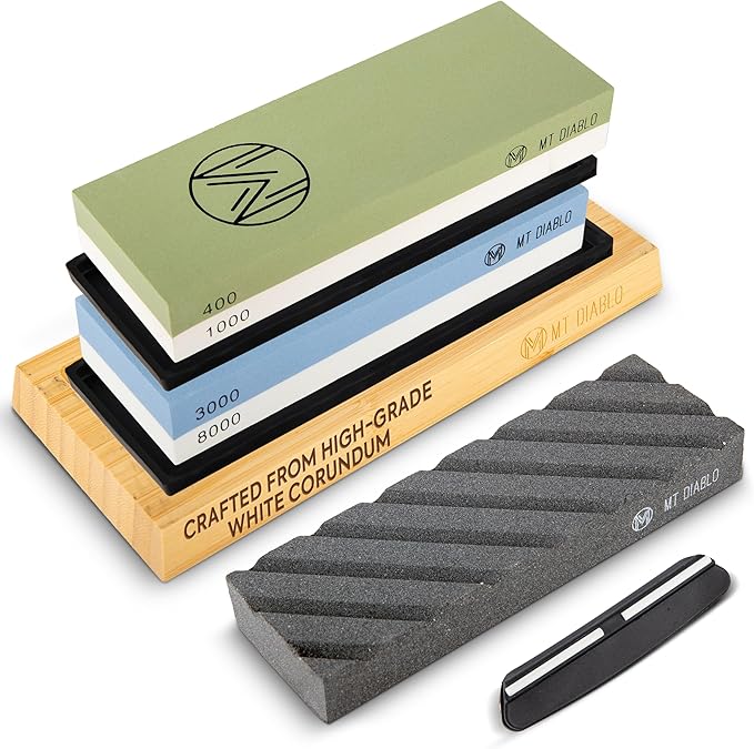 Mt Diablo Knife Sharpener Stone Kit for Chefs & Woodworkers: Dual-Grit Whetstones 400/1000 & 3000/8000, Premium White Corundum, Knife Sharpening Kit with Bamboo Base & Angle Guide, Flattening Stone