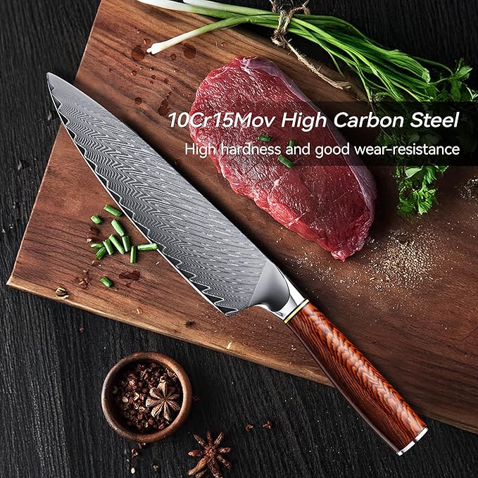 8" Chef's Knife, Japanese Damascus Chefs Knife 67 Layers High Carbon VG10 Steel Core with Wood Ergonomic Handle, Gift Box