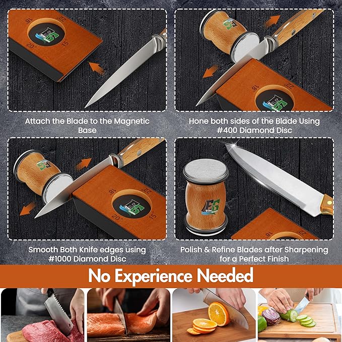 Knife Sharpener Tool, Rolling Knife Sharpener Kit, Knife Sharpening with Diamonds and Ceramic for Steel of Any Hardness, Kitchen knife Sharpener with 15°, 18°, 20° & 22° Magnetic Angles