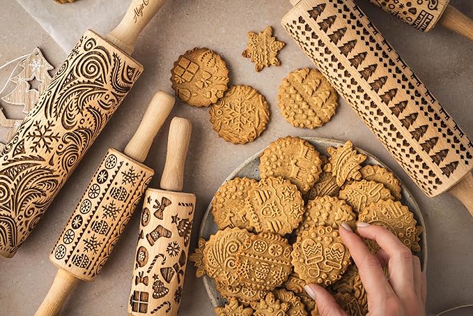 Embossing Rolling Pin BLOOMY with Floral Pattern – Dough and Clay Roller for Embossed Cookies and Pottery - Cookie and Ceramic Stamp - Baking Gifts for Women by Algis Crafts