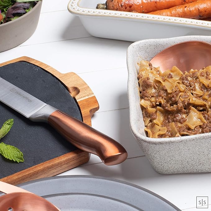Styled Settings 14-Piece Knife Set with Block & Built-In Sharpener – Ultra-Sharp Full Tang Kitchen Knives – Premium Cooking & Prep Essentials, Copper Handle, Silver Blade & Black Block