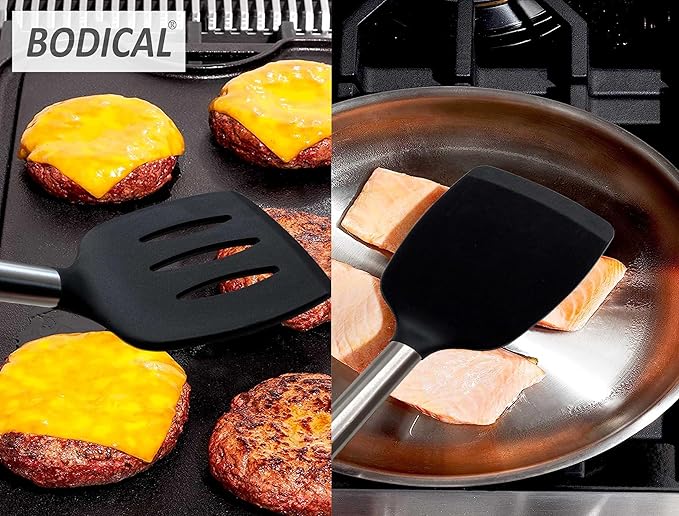 2 Pack Solid & Slotted Silicone Spatula Set, 600F Heat-Resistant No-Melt Handle and Blade, Kitchen Cooking Utensils for Nonstick Cookware, Spatula Turner for Egg,Pancake,Burger- Dishwasher Safe