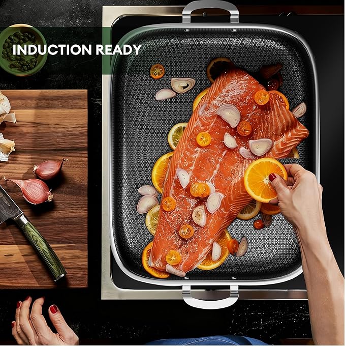 COOKER KING Stainless Steel Nonstick Roasting Pan with Rack, Roaster Turkey Pan Dishwasher and Oven Safe, Compatible with All Cooktops (Rectangular, Large)
