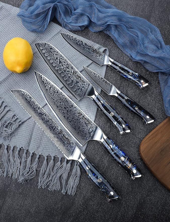 Chef Cooking Knives Set- Kitchen Knife Set of 5 Piece - Ultra-Sharp VG10 Damascus Steel & Resin Handle - Xuan Series (Starry Black)