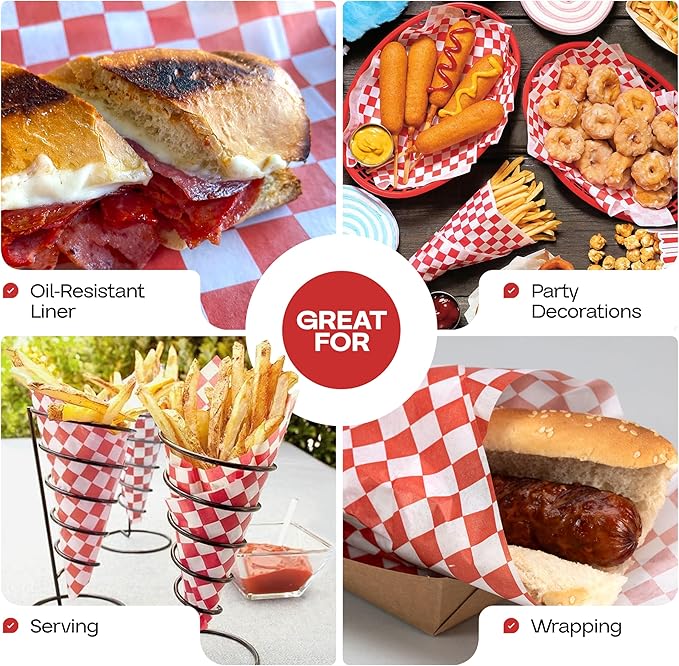 Red Checkered Deli Paper Sheets, 12" x 12" (1000 pcs.) - USA-Made Premium Food Basket Liners - PFAS-free Grease Resistant Deli Paper Sheets for Snack & Baking Wrap, Picnic & Party by IDL Packaging