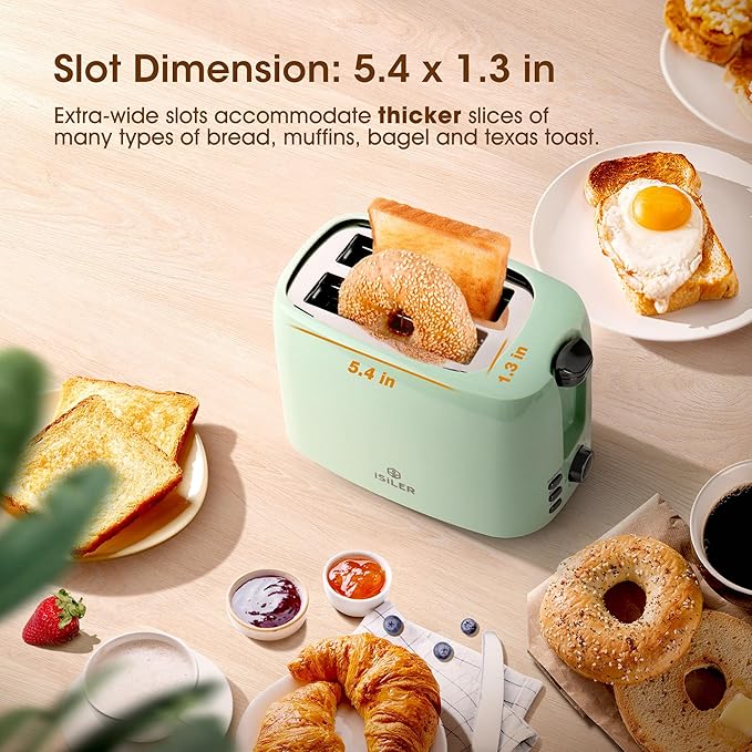 iSiLER 2 Slice Toaster, 1.3 Inches Wide Slot Bagel Toaster with 7 Shade Settings and Double Side Baking, Removable Crumb Tray, Defrost Cancel Function Green