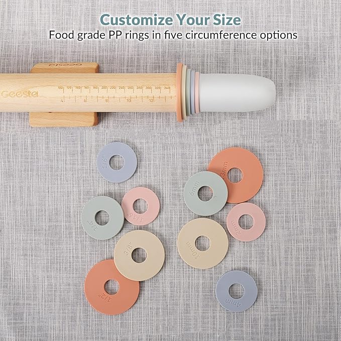 Geesta Adjustable Wood Rolling Pin with 5 Thickness Rings, Precise Dough Roller Handle Press Design with Measurement Guide for Fondant, Pizza, Pie Crust, Cookie, Pastry Baking Decorating Accessories