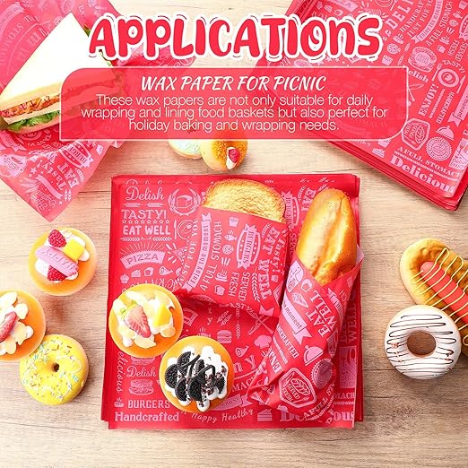 Outus 600 Pcs 12 x 12 Inch Deli Wax Paper Sheets Grease Resistant Tray Basket Liners Newsprint Paper Water and Grease Proof Sandwich Wrapping Square Hot Dog Wrappers for Food Baking (Red)