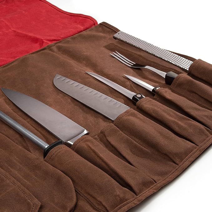 Dickies Chef Knife Roll Bag Portable Organizer and Cutlery Storage Roll, Waxed Canvas and Leather, Medium