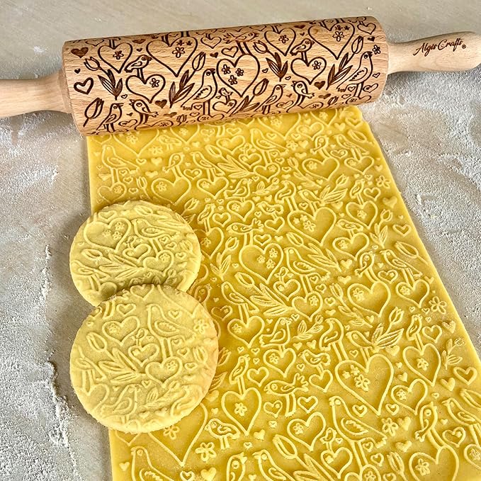 LOVE BIRDS Embossing Rolling Pin – Laser Engraved Dough Roller with hearts and birds pattern. Great for cookies, clay crafts, and a charming gift. By Algis Crafts