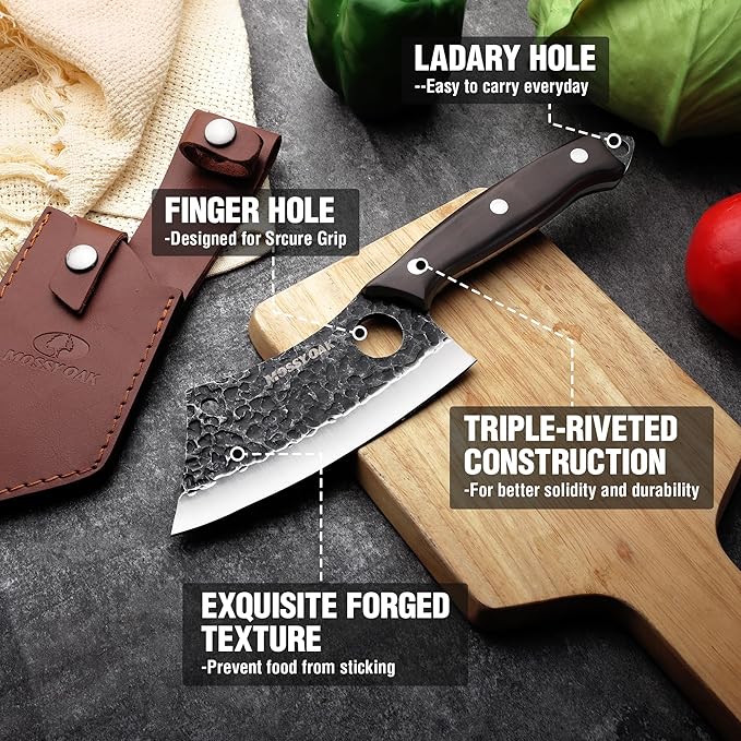 Mossy Oak Meat Cleaver Knife, Butcher Knife with Genuine Leather Sheath, Hand Forged Kitchen Knife Full Tang Handle for Meat and Vegetable Cutting, Outdoor Cooking and Camping