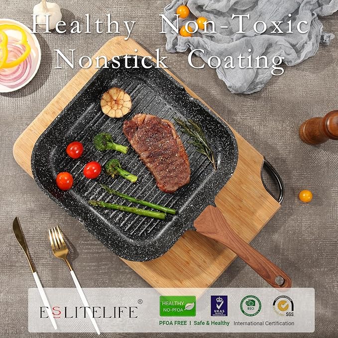 ESLITE LIFE 9.5 Inch Nonstick Grill Pan with Lid for Indoor Cooking, Versatile Induction Square Large Grilling Skillet Steak Pan for Stove Tops, PTFE & PFOA Free, Black