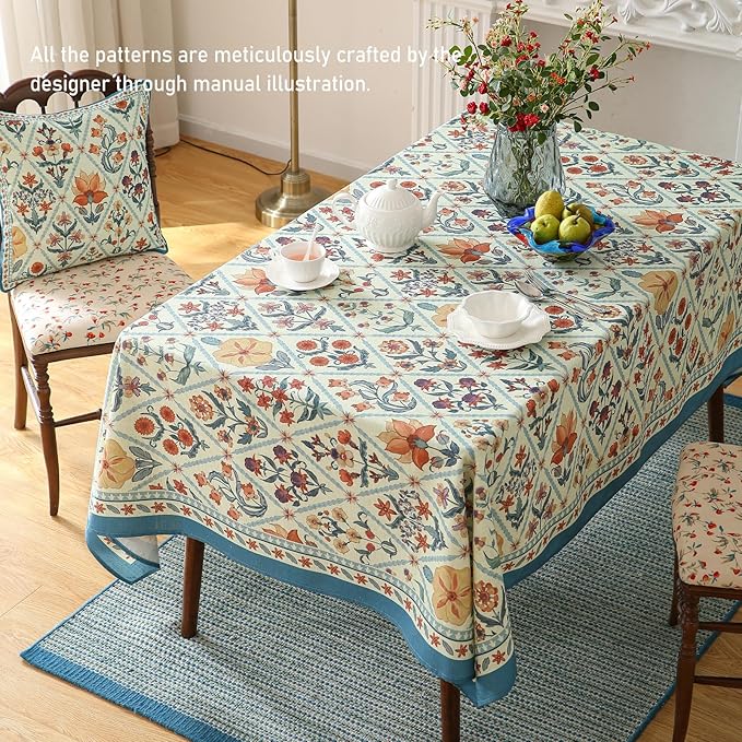 ISAENNE Designer Linen Elegant Table Cloth for Rectangle Table,Colorful Floral Bohemian Tablecloth,Wrinkle Resistant Decor Tablecloths for Dining Thanksgiving Kitchen,55"*79"-Floralsea A