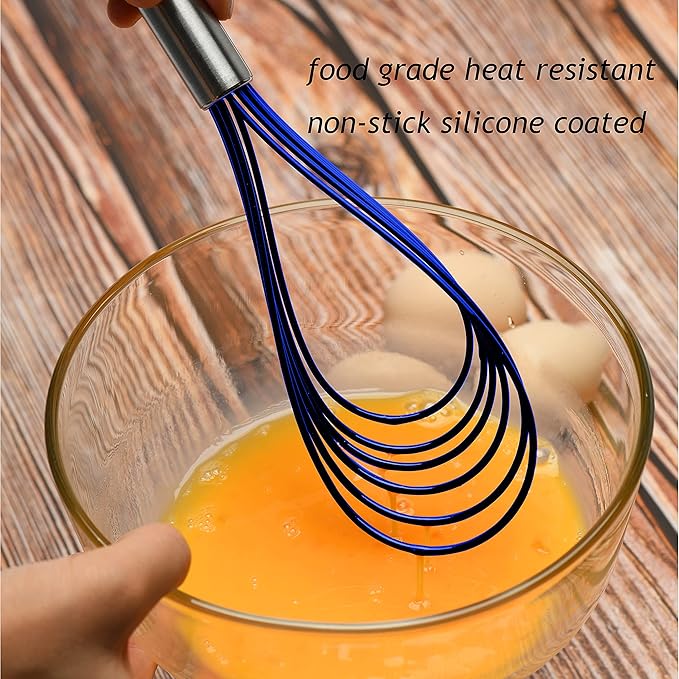 Flat Whisk Set,Stainless Steel 3 Pack 10''+11''+12'' Premium Sturdy-6 Silicone Heads Non Stick Wires Whisk for Blending Beating Stirring Kitchen Cooking by Jell-Cell (Blue)