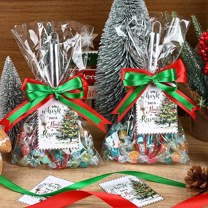 12 Set Christmas Whisk Gifts for Neighbor, Christmas Baking Supplies Include Silicone Whisks Greeting Card Ribbon and Plastic Bag Xmas Cooking Utensils for Neighbor Employee Stocking Stuffers Ideas