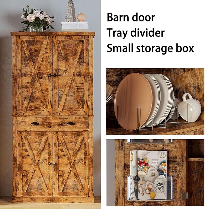 IRONCK Kitchen Pantry Storage Cabinet 72.6" H, with Barn Doors, Drawer, 4 Adjustable Shelves, Freestanding Cupboard for Dining Room Living Room, Laundry, Vintage Brown
