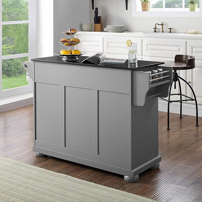 Crosley Furniture Alexandria Granite Top Rolling Kitchen Island Storage Cart, Microwave Stand, Spice Rack, Gray
