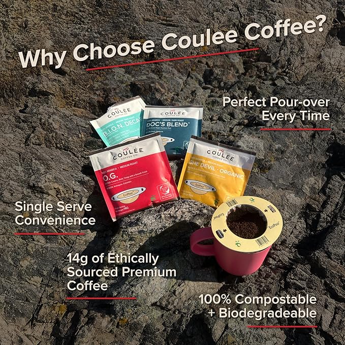 Coulée EcoPour She Devil Coffee, Single Serve Pour Over Arabic Coffee, Medium Roast, Use for Camping or Traveling, Pre Filled Compostable Filters, Ready to Brew with Hot Water, 20 Pack