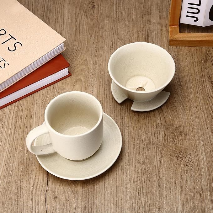 Pour Over Coffee Maker, with 50 PCS Basket Coffee Filters, 310 ml/10 oz Mug with Saucer & Coffee Dripper, Ceramic, Off-white