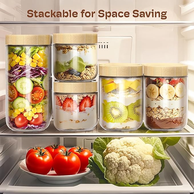 4 pack 24oz Overnight Oats Containers with Bamboo Lids, Glass Jars with Airtight Lids for Meal Prep, Wide Mouth Mason Salad Jars, Glass Food Storage Container for Yogurt Chia Snacks Spice Sugar