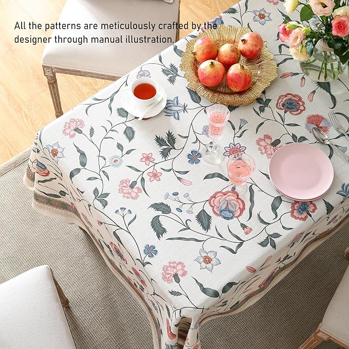 ISAENNE Designer Chinoiserie Linen Floral Small Square Tablecloth,White Wrinkle Resistant Table Cloth,Elegant Decor Tablecloths for Dining Thanksgiving Kitchen Party Christmas,55"*55"-Daffy