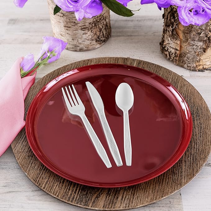 Party Bargains White Plastic Cutlery 720 pcs: 360 Forks, 240 Spoons, 120 Knives. Argyle Design, Heavy Duty & Solid Disposable Silverware Utensils Combo Pack Set for Weddings, Buffets, Luncheons