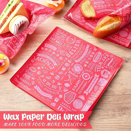 Outus 600 Pcs 12 x 12 Inch Deli Wax Paper Sheets Grease Resistant Tray Basket Liners Newsprint Paper Water and Grease Proof Sandwich Wrapping Square Hot Dog Wrappers for Food Baking (Red)