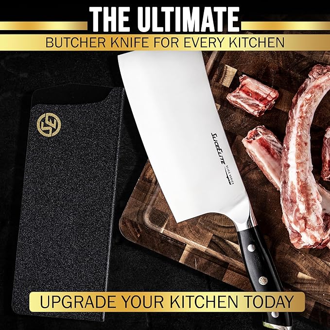 SliceElite Slice Series 7 Inch Bone Cutting Kitchen Knife High Carbon German Steel Blade Pakkawood Handle Butcher Chopper Cleaver Vegetable Fruit Tool Heavy Duty Kitchen BBQ Gift Sharpest Chef
