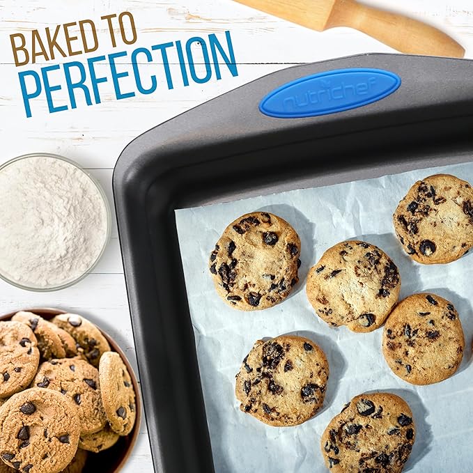 NutriChef 6-Piece Baking Pan Set - Carbon Steel Stackable Bakeware with Blue Silicone Handles & Nonstick Coating, Includes Cookie Sheets, Roaster Pan with Lid, Loaf Pan, and 12 Cup Muffin Pan (Gray)